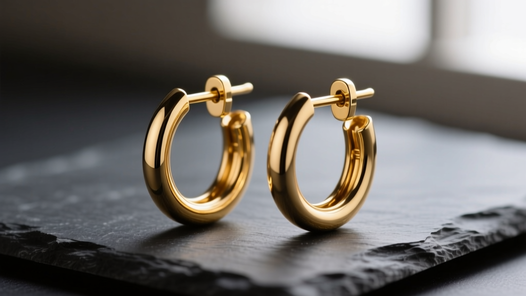 Close-up of 18-gauge solid 14k gold 1.5 inch hoop earrings on dark slate, highlighting the clicker hinge under soft lighting.