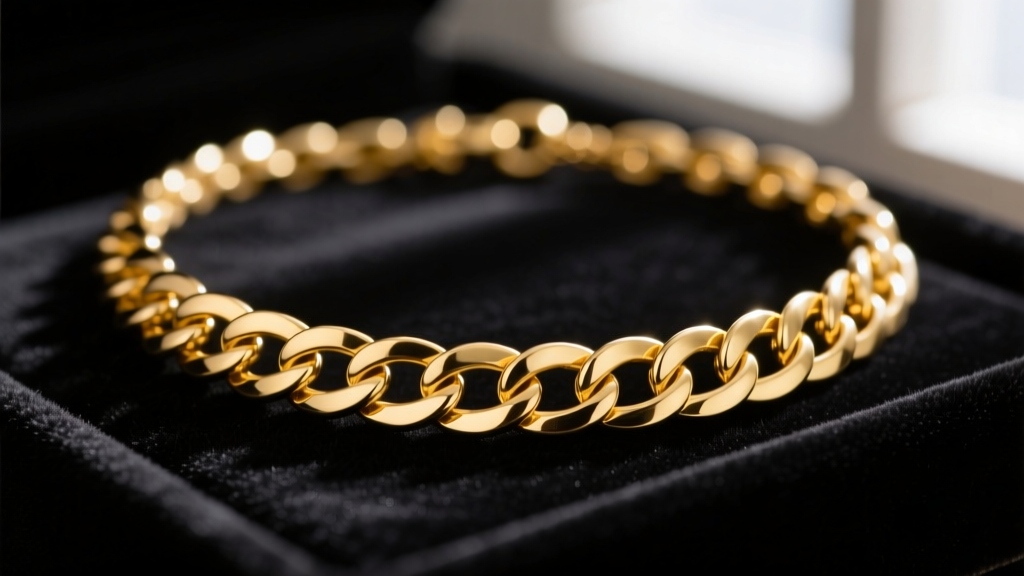 Macro shot of vintage 1980s Avon gold-plated herringbone chain necklace on dark velvet, highlighting the flat woven metal links