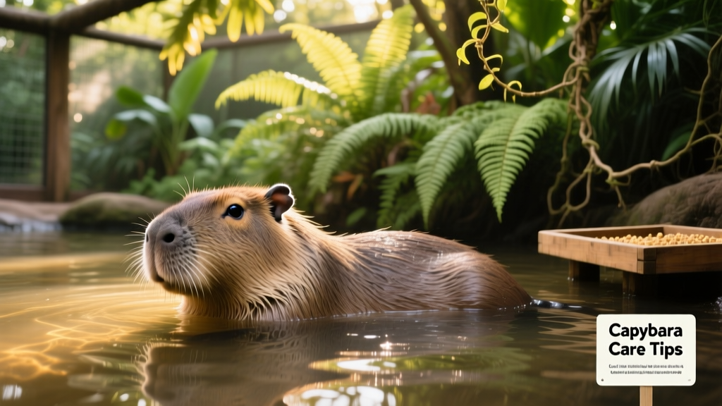 A capybara lounging in shallow water at a zoo enclosure, surrounded by lush greenery