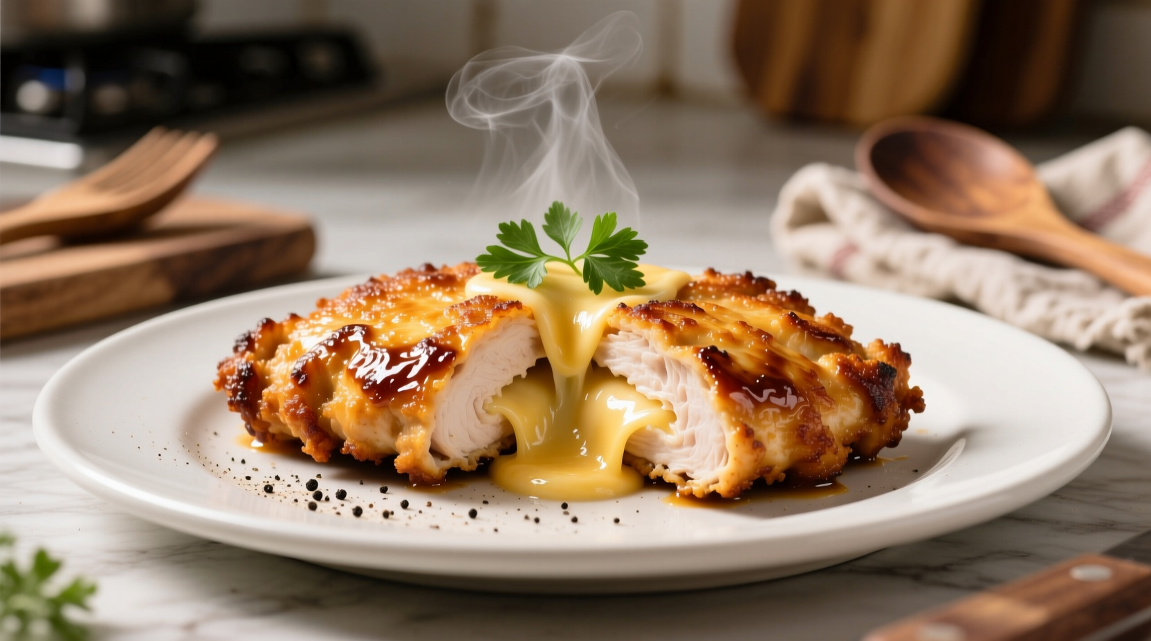 Golden brown chicken cordon bleu with melted cheese filling