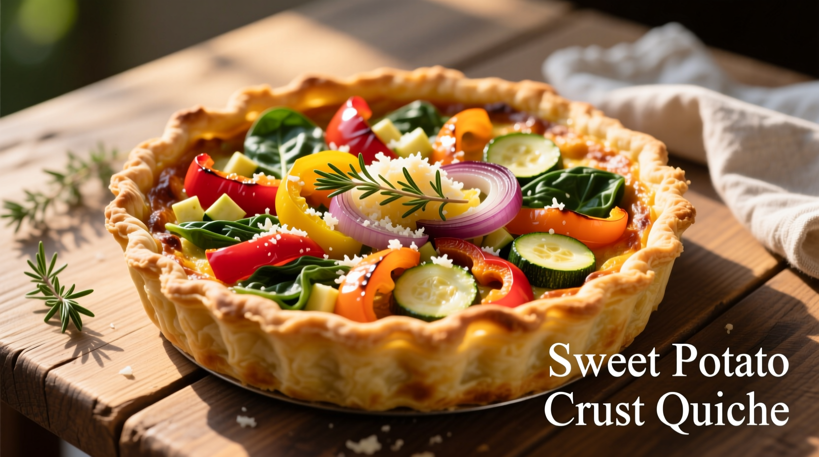 Sweet potato crust quiche with vibrant vegetable filling