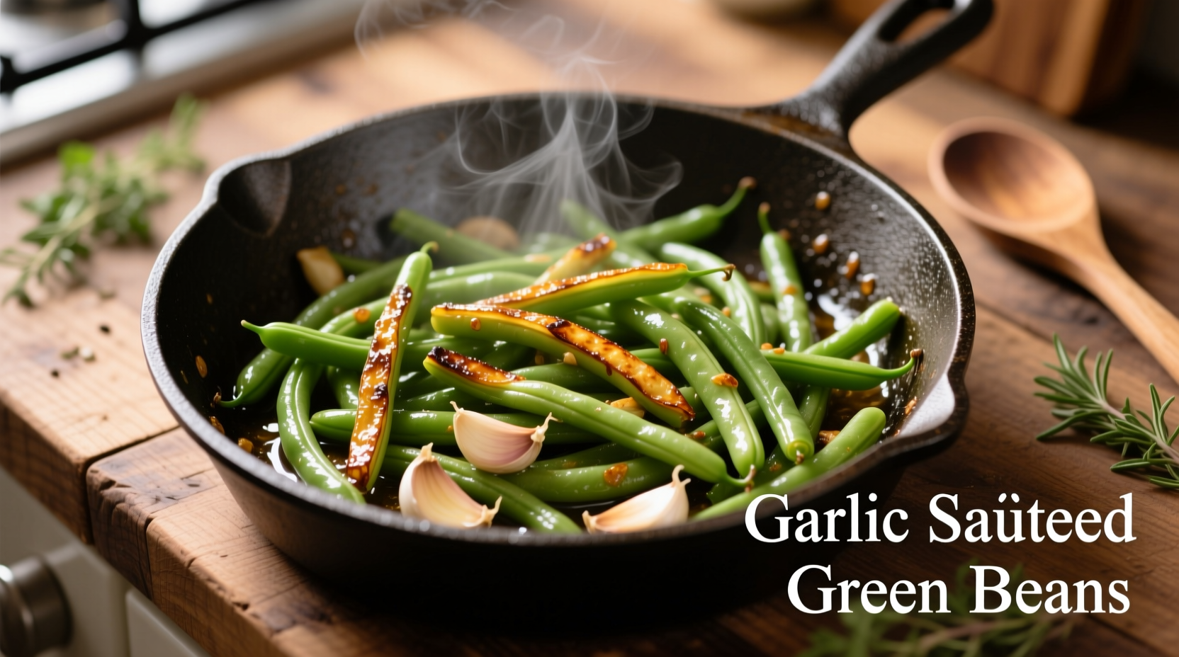 Fresh green beans sautéed with garlic in skillet