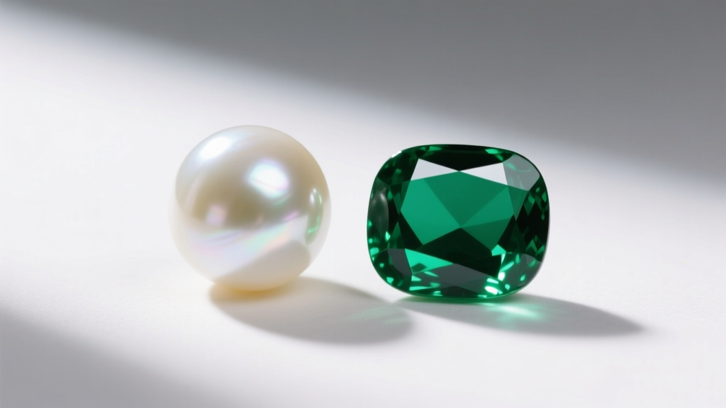 Macro shot of a round white Akoya pearl beside a vibrant green emerald cabochon, highlighting their contrasting surface luster.