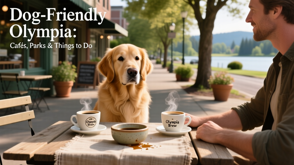 A golden retriever sitting calmly beside their owner at an outdoor cafe table with coffee cups and a water bowl