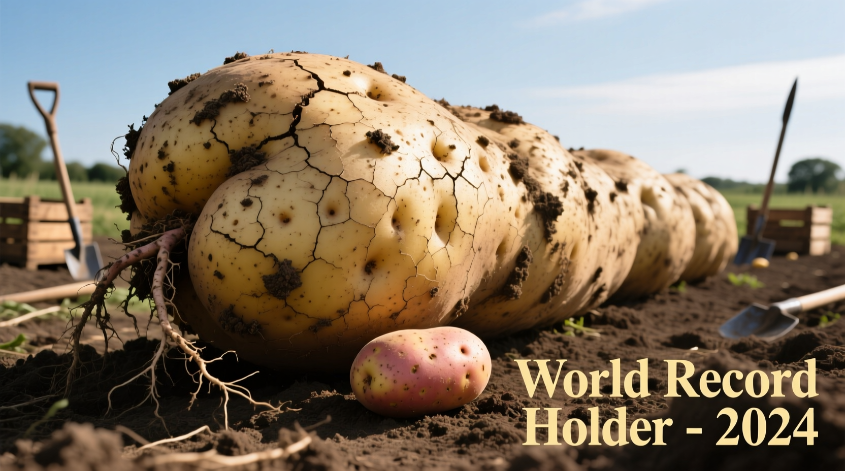 Record-breaking potato next to standard potato for size comparison