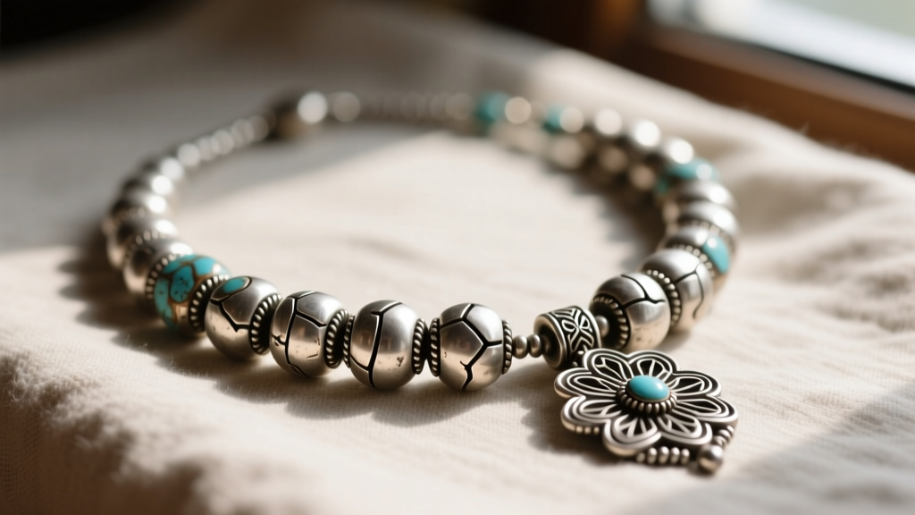 Macro photography of a traditional Navajo squash blossom necklace chain showing handmade seamed sterling silver beads and bail