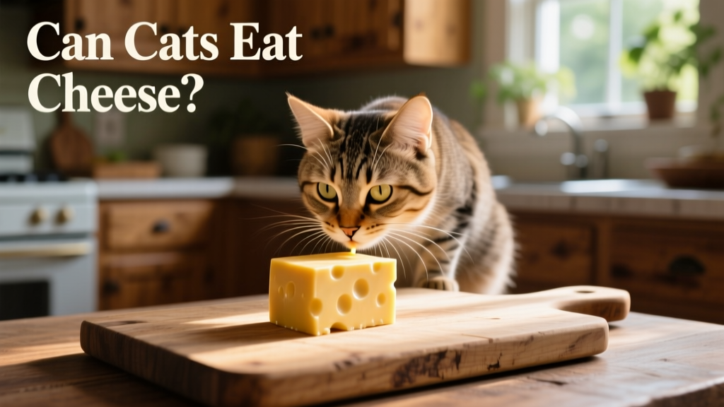 A curious cat sniffing a small cube of cheddar cheese on a wooden cutting board
