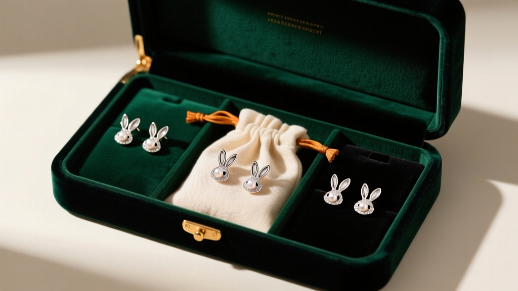 Anti-tarnish bag containing cotton pouches that hold delicate bunny rabbit drop earrings, placed inside a dark velvet jewelry box.