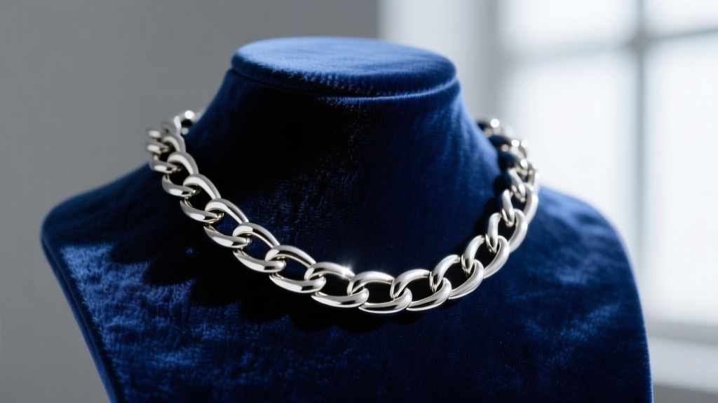 Close-up of navy blue anti-tarnish velvet necklace bust holding a heavy 4mm silver Cuban link chain, highlighting fabric texture.