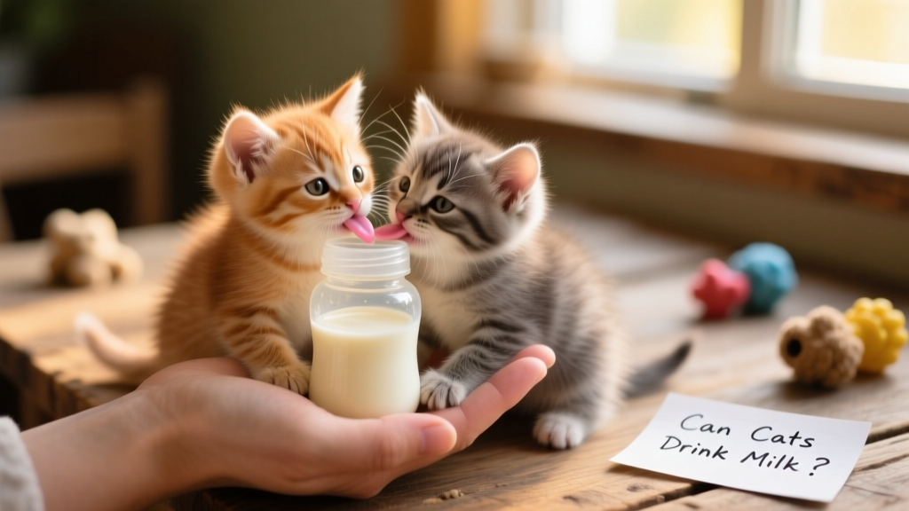 Two kittens nursing from a bottle filled with kitten milk replacer