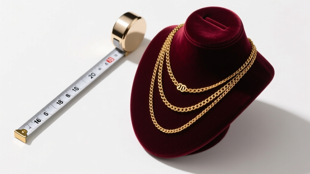 Overhead flat-lay of a measuring tape on a velvet bust next to three gold chains of 16, 18, and 20 inches in soft studio light.