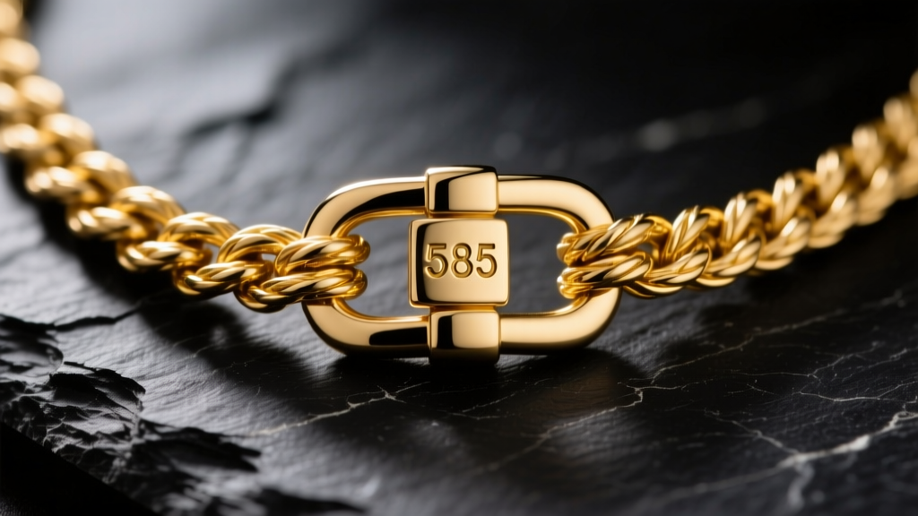 Macro shot of a 14k yellow gold rope chain clasp showing a stamped 585 hallmark, resting on a dark textured slate surface.