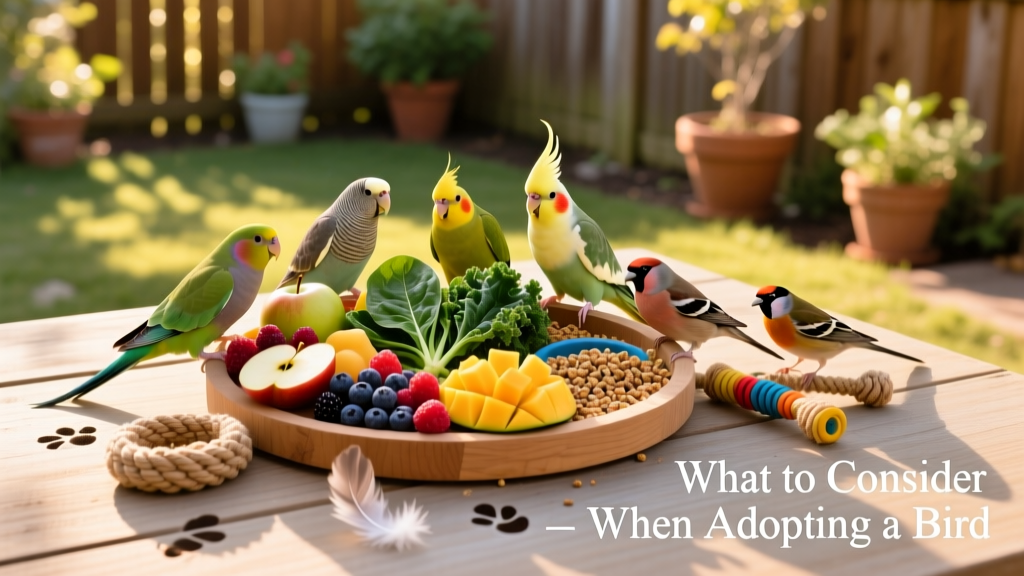 A vibrant mixed-species feeding station with colorful fruits, leafy greens, pellets, and foraging toys arranged on a clean, natural-wood surface
