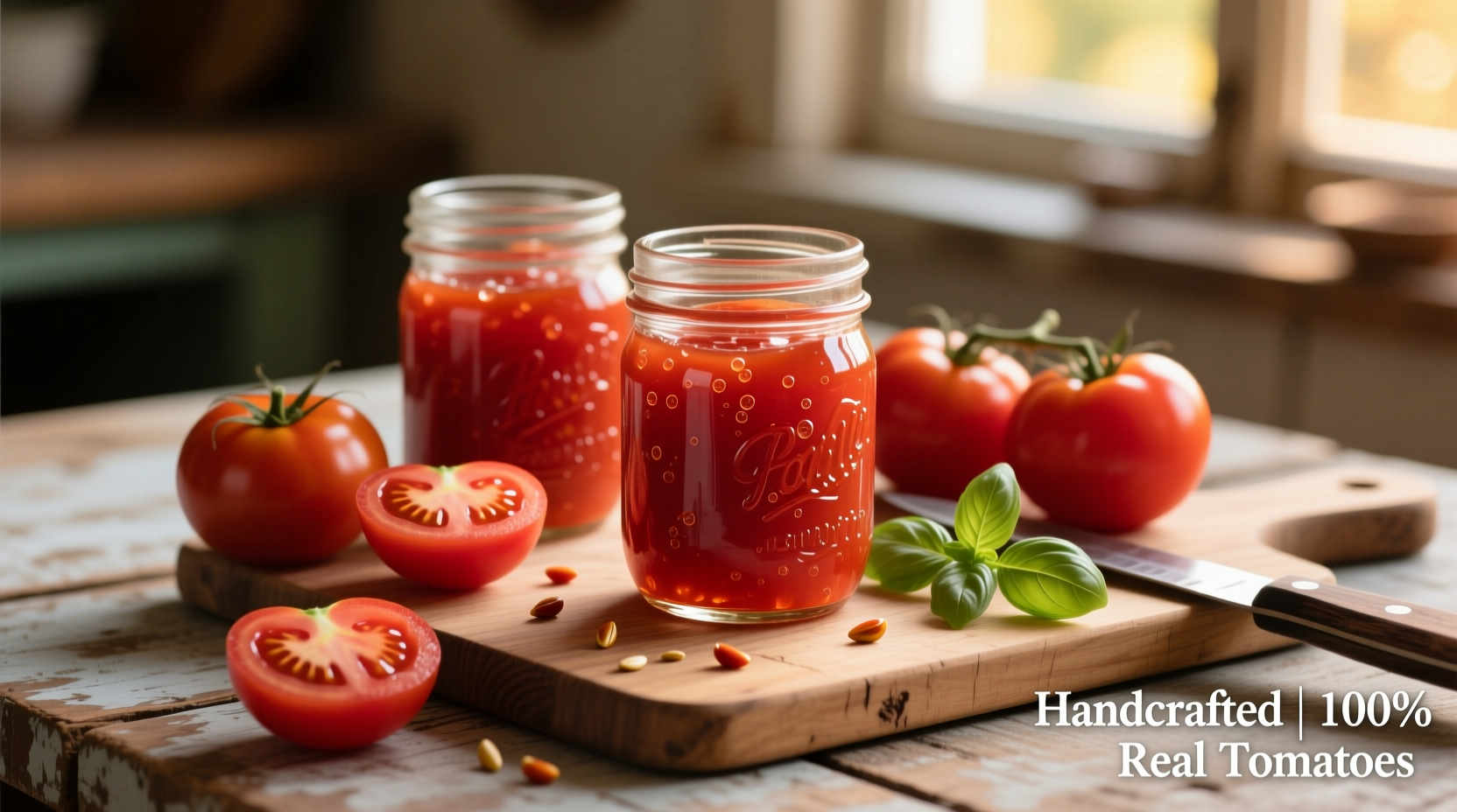 Homemade tomato jelly in mason jars with fresh tomatoes
