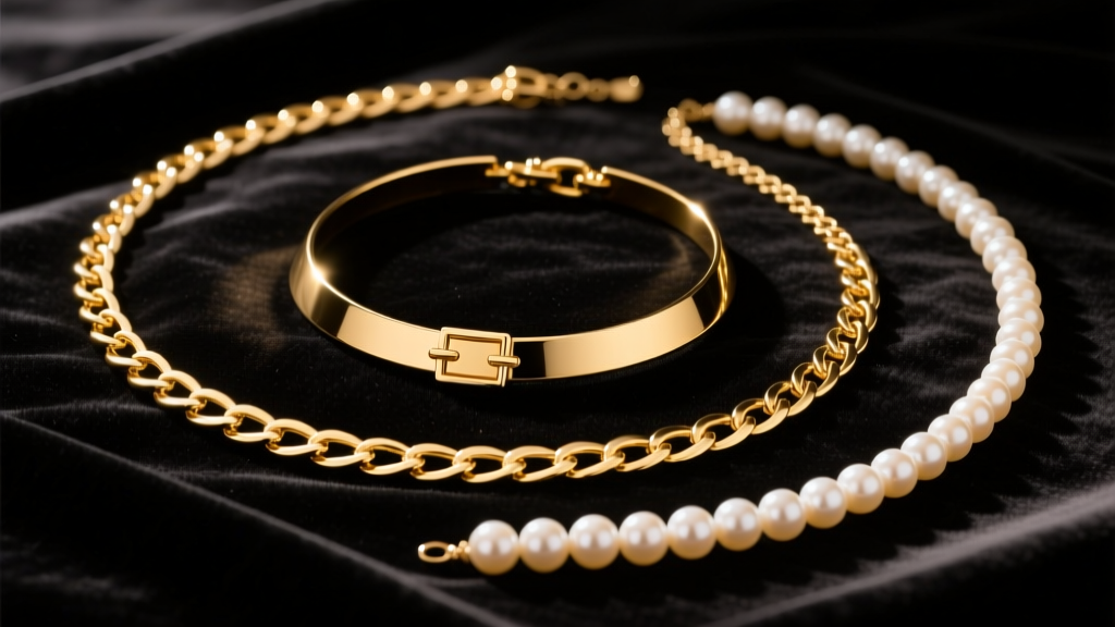 A flat lay of an 18-inch gold lariat, 16-inch choker, and 22-inch pearl strand arranged on dark velvet under warm studio lighting.