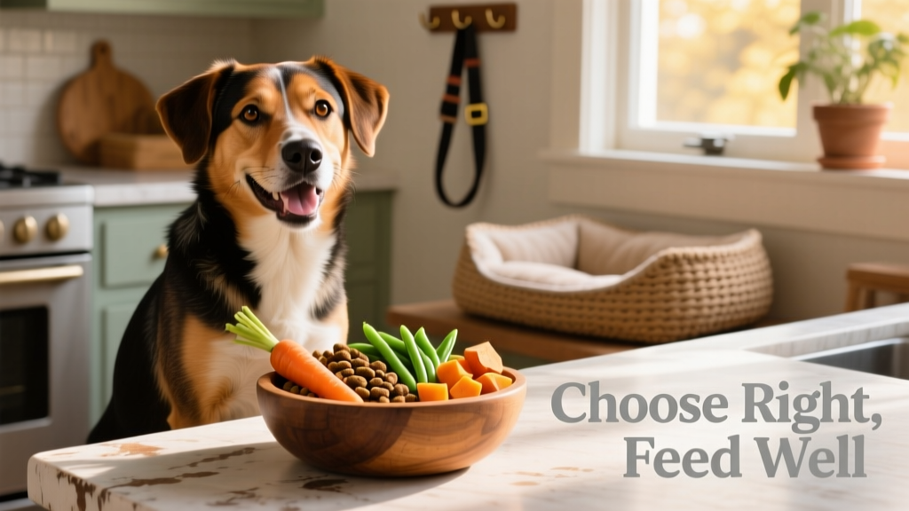A happy, healthy adult dog sitting beside an open bowl of kibble and fresh vegetables, illustrating balanced nutrition