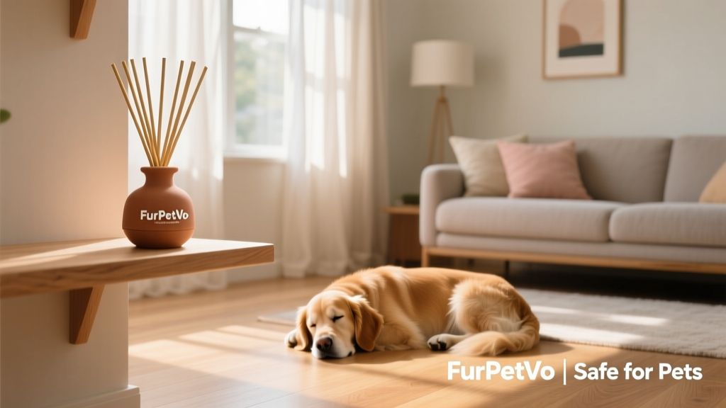 A FurPetVo-branded passive reed diffuser placed on a high shelf in a sunlit living room, well away from a sleeping dog on the floor below