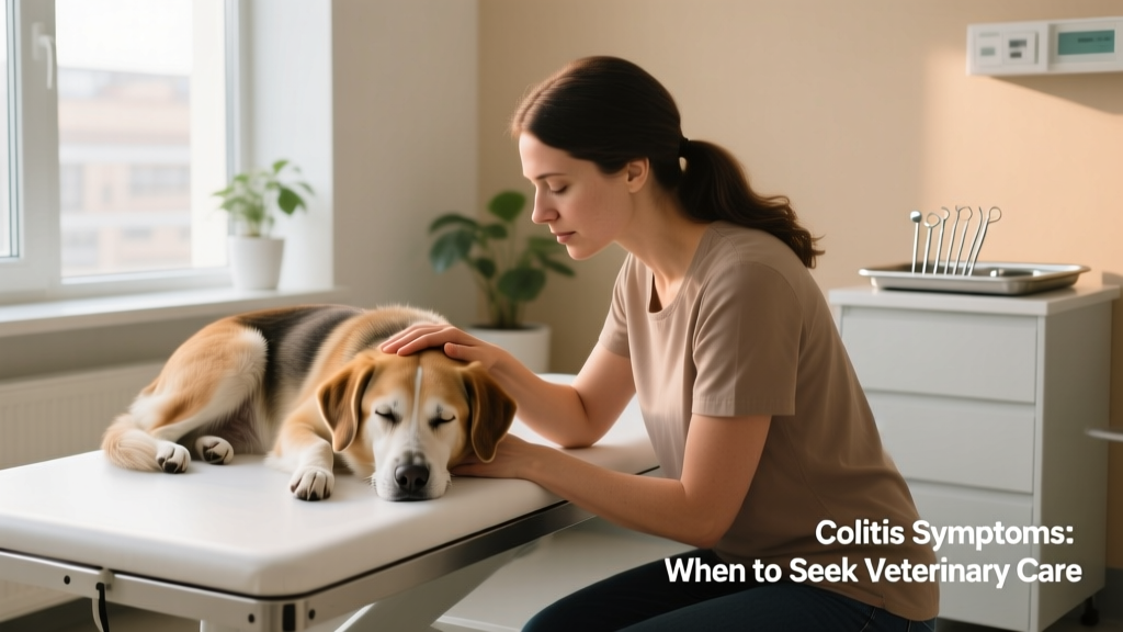 a woman kneeling beside a dog at the vet’s office, gently stroking its head while it rests on an exam table