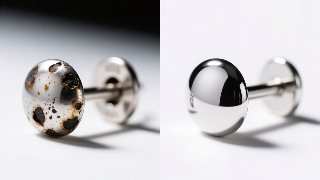 Split-screen microscopic view showing a tarnished silver earring post on the left and a bright rhodium-plated post on the right.