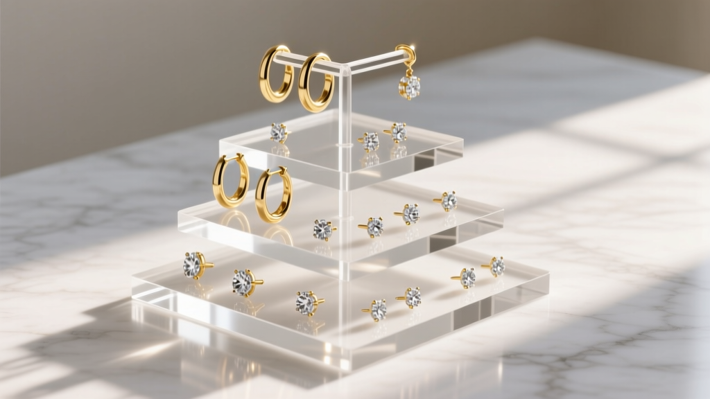 Clear acrylic tiered earring organizer on white marble, displaying gold hoops and diamond studs bathed in soft, warm morning light