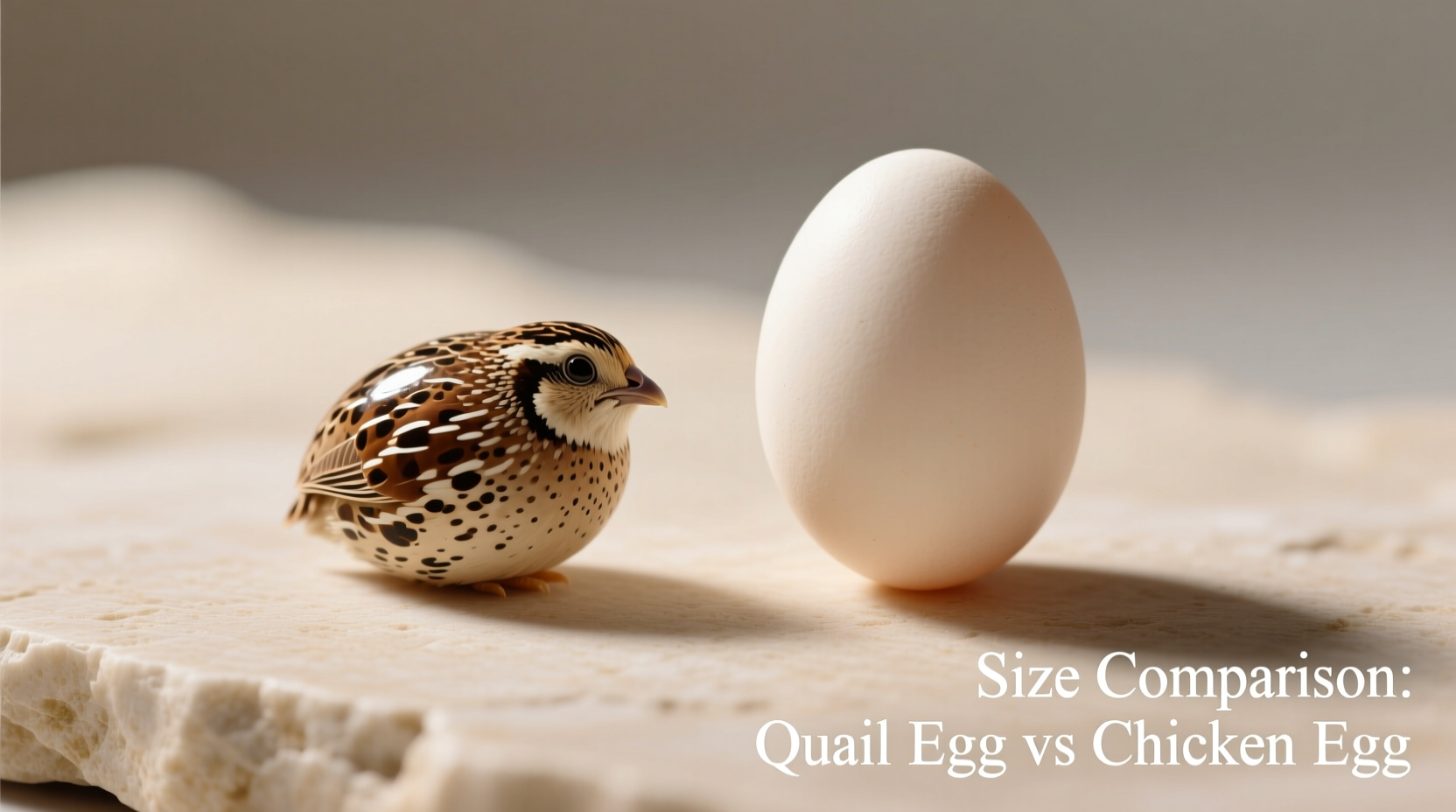 Fresh quail eggs next to chicken egg for size comparison