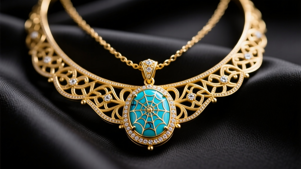 Macro shot of an 18k gold Iran necklace with a Neyshabur turquoise pendant showing natural spiderweb matrix on dark silk.