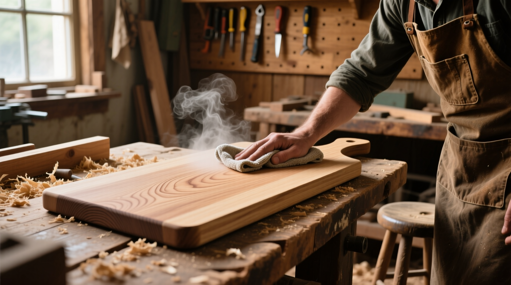 fix a warped wood cutting board with a damp cloth and a