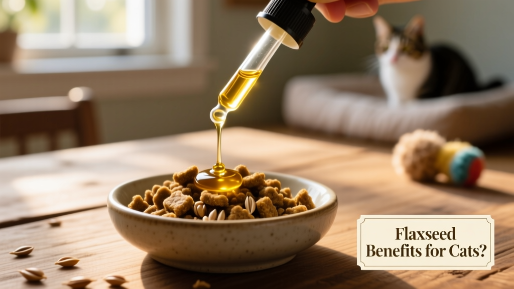Close-up of golden flaxseed oil being drizzled over a small bowl of high-quality cat food