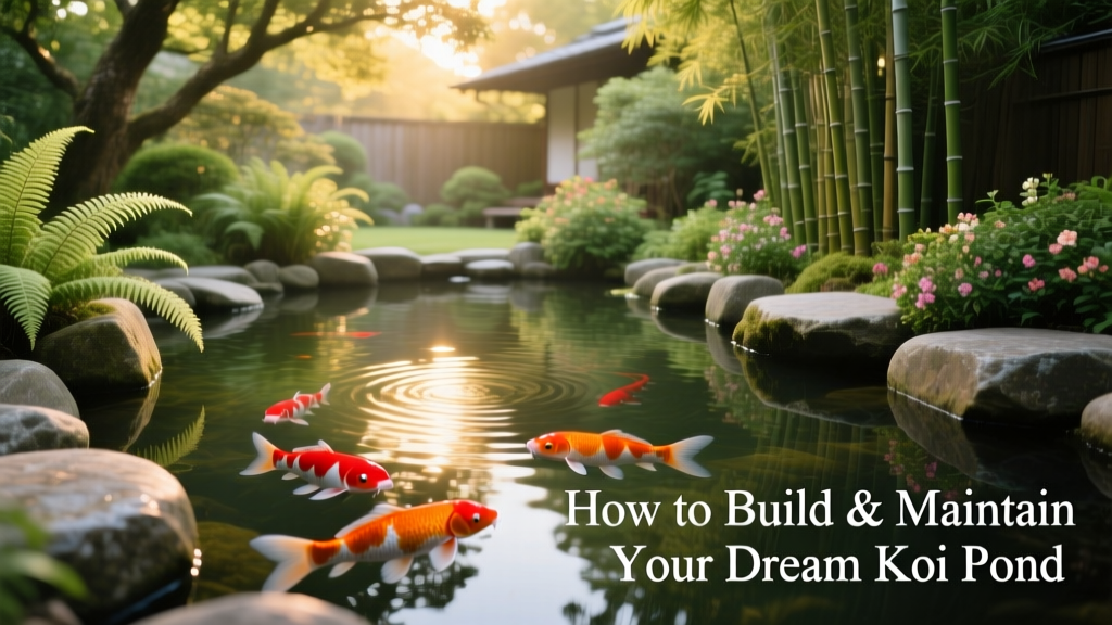 A serene backyard koi pond surrounded by lush greenery and smooth stone edging