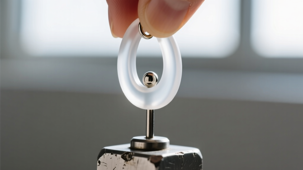 Macro shot of a clear silicone earring sleeve being slid over a thick, poorly polished base metal novelty earring post.