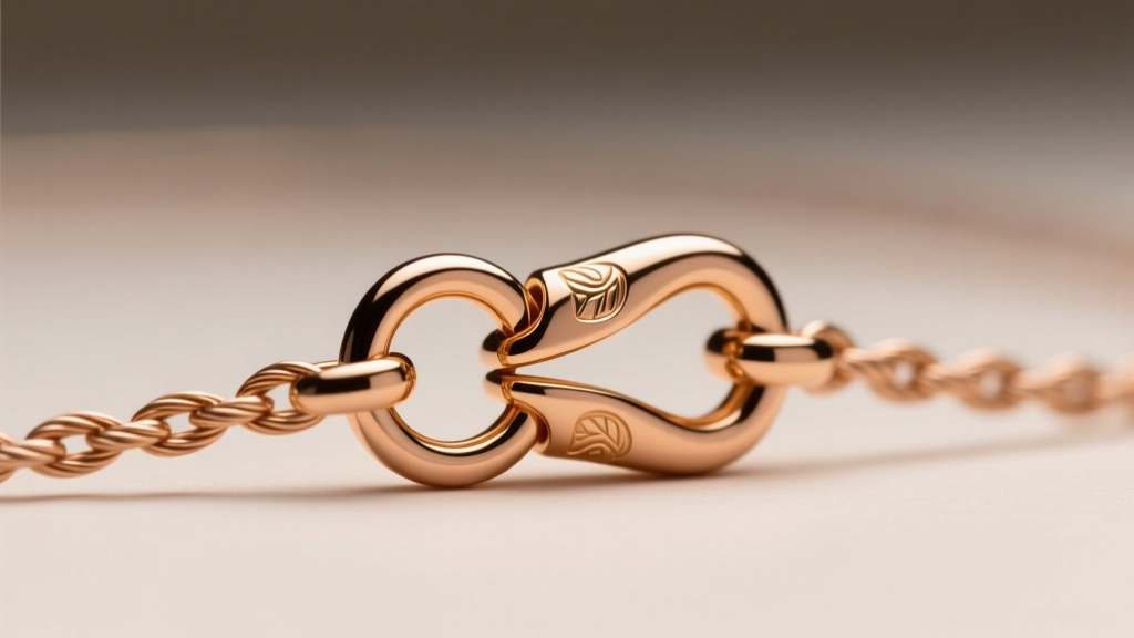 Extreme close-up of a polished 14k rose gold lobster clasp securely fastened to a jump ring on a delicate cable chain, macro lens