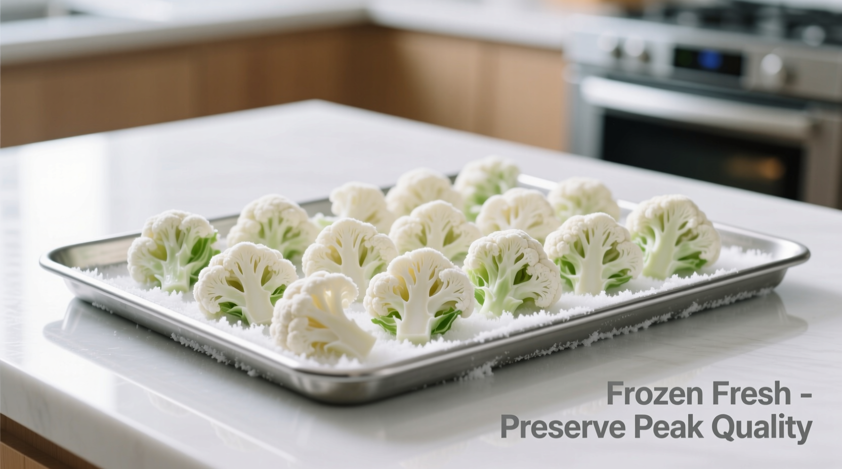 Fresh cauliflower florets arranged for freezing process