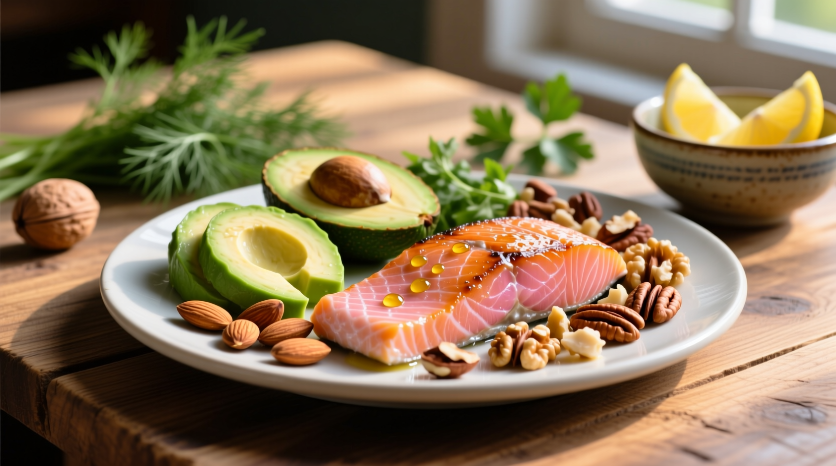 Colorful plate of healthy lipid-rich foods including avocado, nuts, and salmon