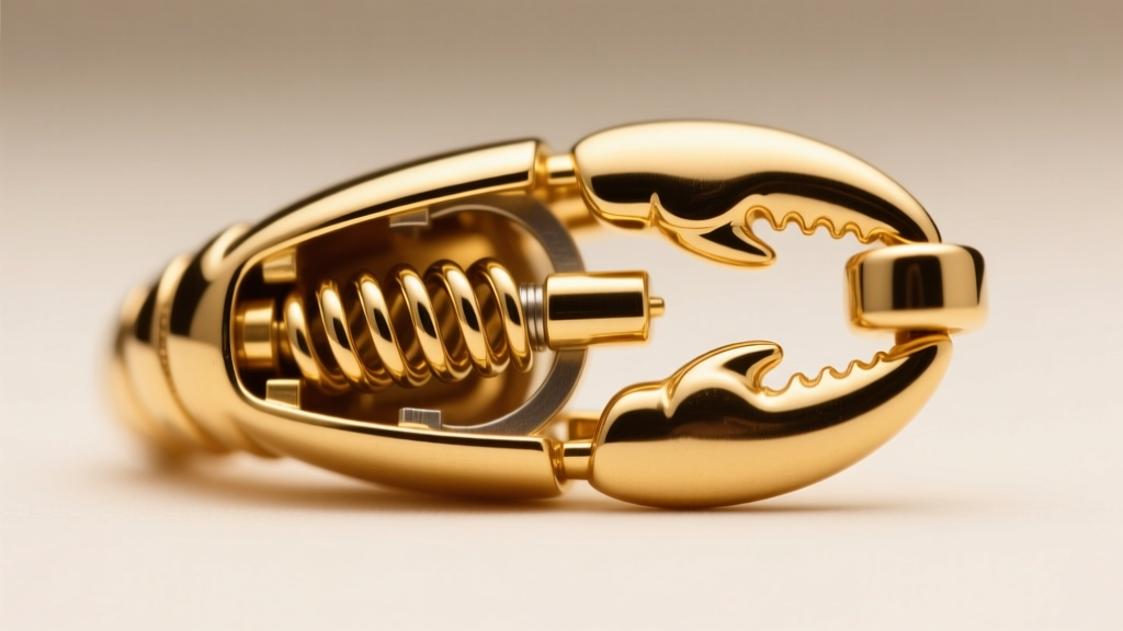 Macro photo of a polished 14k gold lobster clasp mechanism, highlighting internal spring tension and the trigger lever detail.