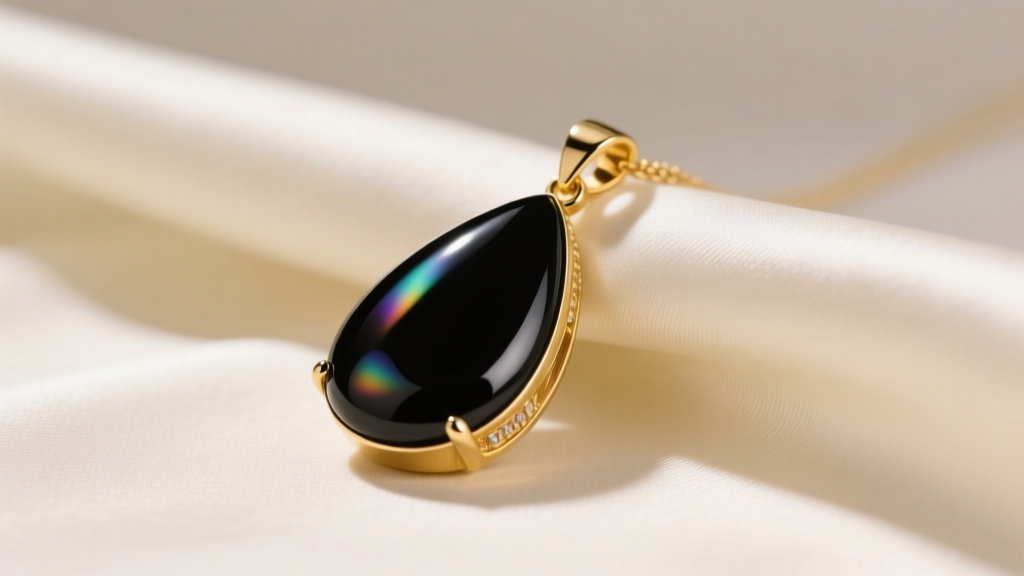 Black onyx teardrop pendant in 14k yellow gold resting on cream silk, soft studio lighting highlighting the stone's glassy luster