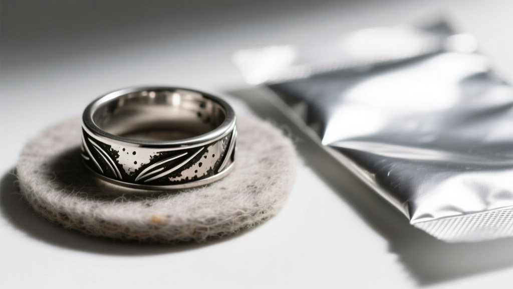 Close-up of dark tarnish on a sterling ring on standard craft felt, beside bright silver on an archival anti-tarnish cloth