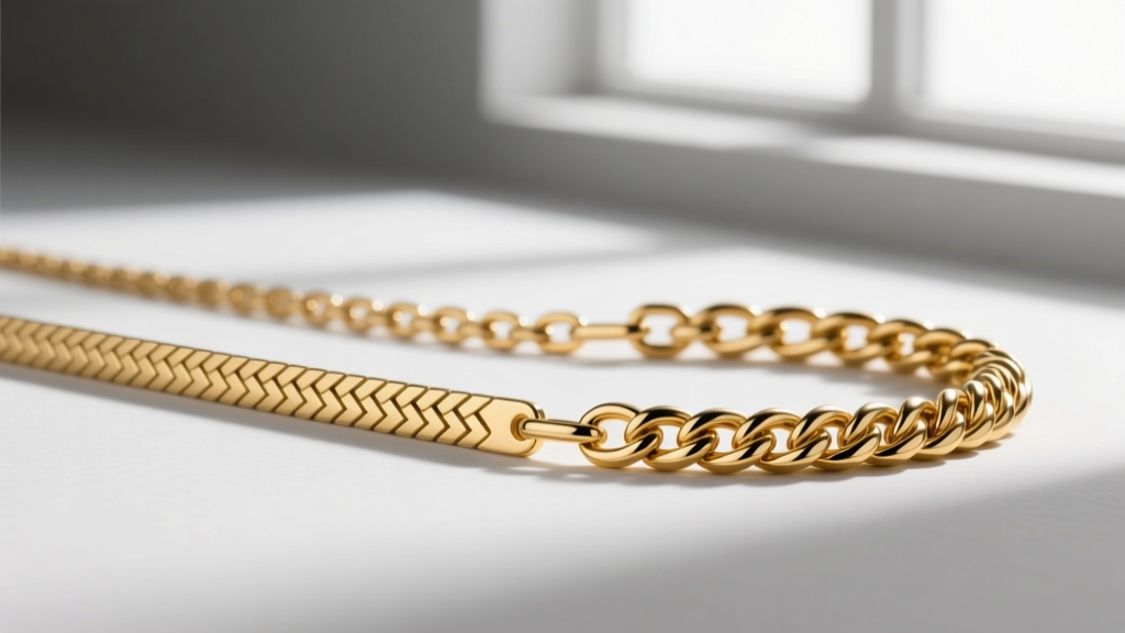 Side profile comparing flat and twisted herringbone chains, demonstrating the structural spiral difference in the gold links.