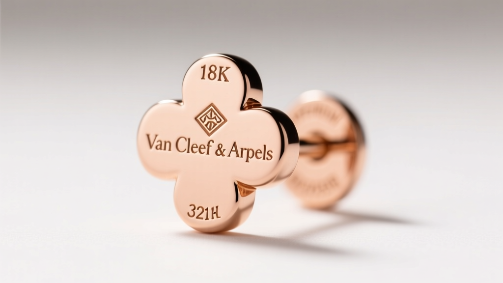 Macro photography of the hallmark and serial number engraving on the post of an 18k rose gold Van Cleef clover earring under bright light