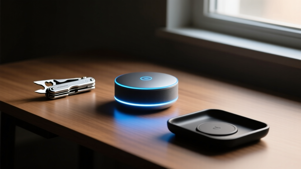 Desk setup with a glowing smart home hub, titanium multi-tool, and wireless charging valet tray in a moody room.