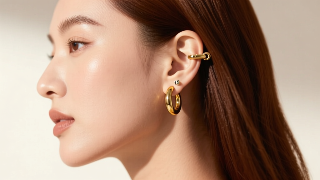 Side profile of woman wearing 16-gauge gold huggie hoop in helix piercing, highlighting the secure hinged clicker closure
