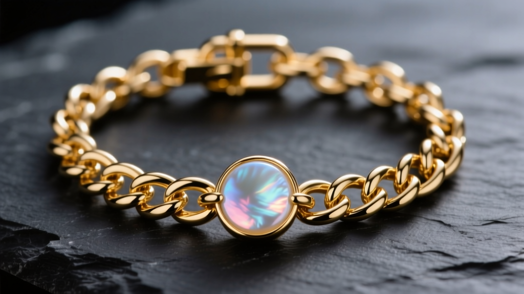 Macro shot of a 14k gold box chain holding a round mother of pearl pendant, highlighting the secure clasp against dark slate.