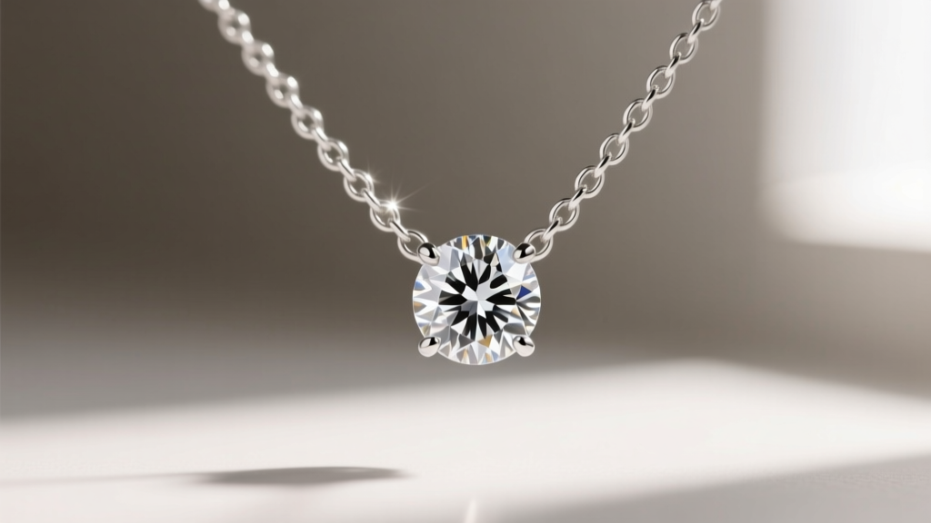 Macro shot of a hidden diamond bail connecting a round solitaire to a 0.7mm platinum box chain, showing a floating effect