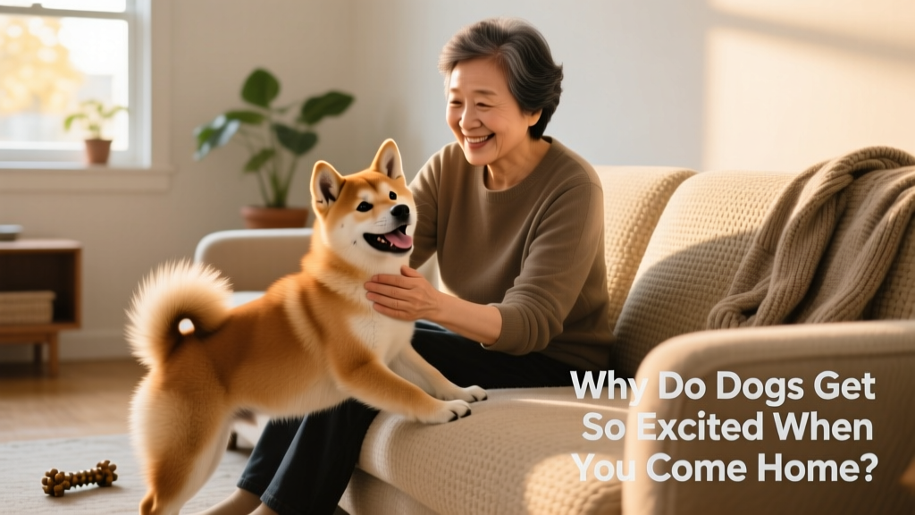 Cheerful dog owner gently stroking a Shiba Inu puppy on the couch