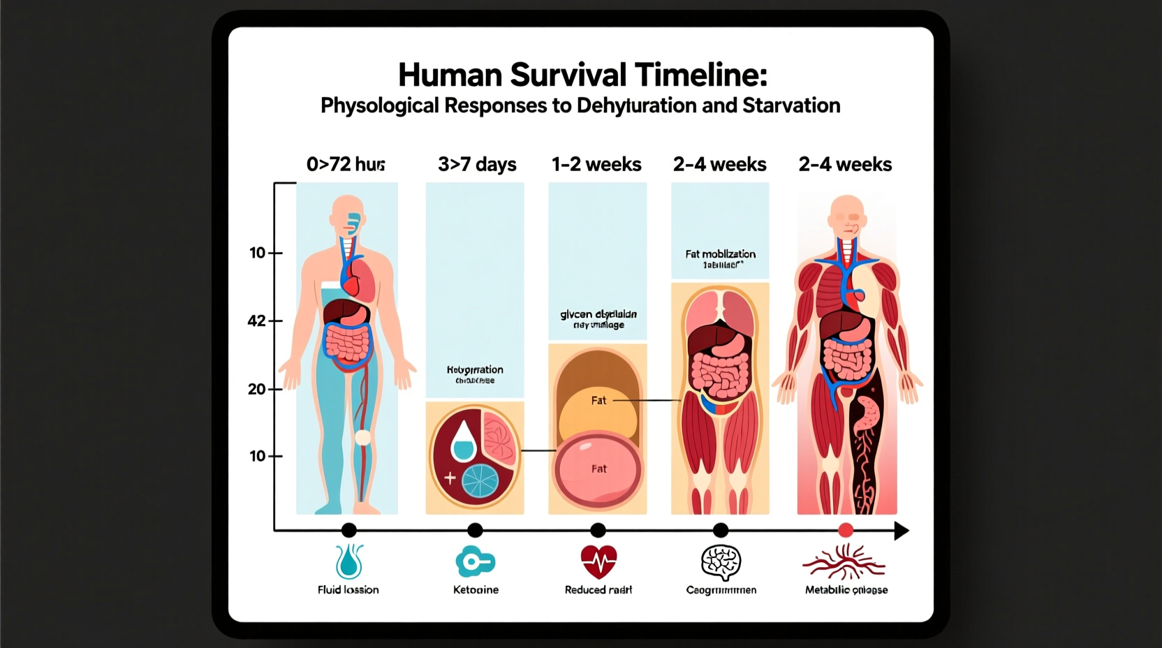 Human survival timeline showing physiological changes during dehydration and starvation