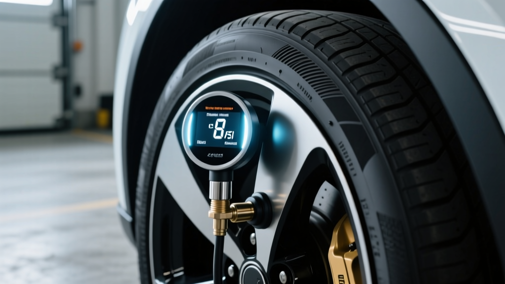 A digital tire pressure gauge attached to an EV tire valve stem, displaying optimal PSI for maximum rolling resistance efficiency.