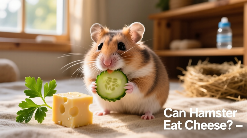 Hamster happily nibbling a slice of cucumber next to a small piece of cheddar cheese and a sprig of parsley