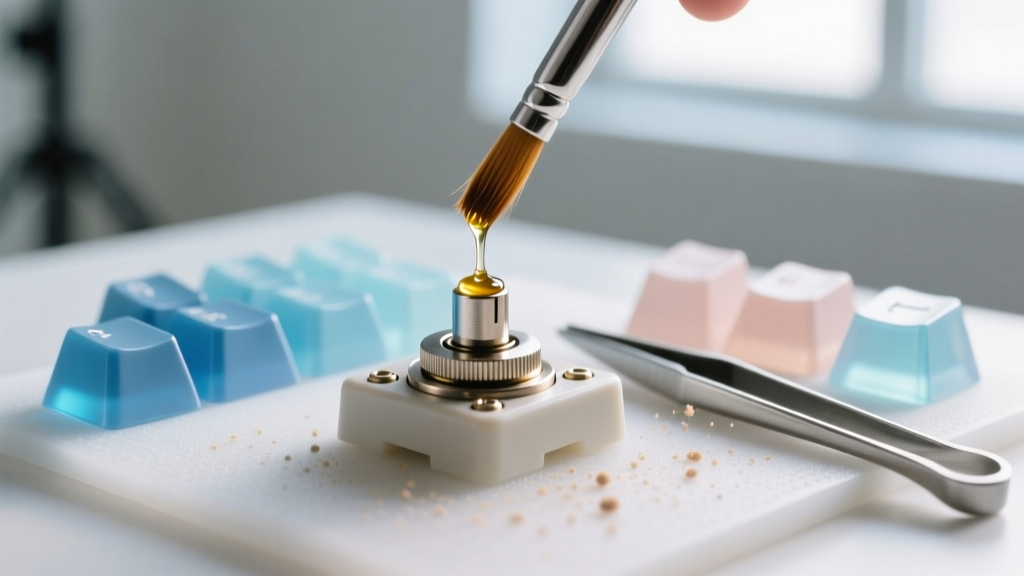 Macro shot of a mechanical switch being lubricated with a brush, surrounded by keycaps and a puller tool on a silicone mat.
