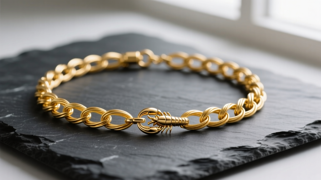 Flat lay of an 18k yellow gold multi-wrap necklace on dark slate, highlighting delicate wire links and a small lobster clasp.
