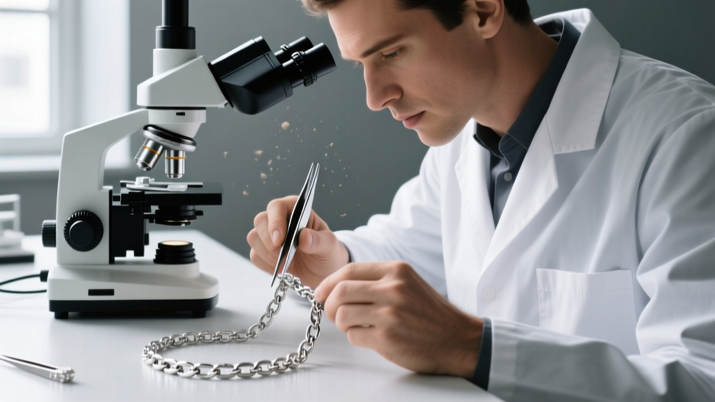 Jeweler using a microscope and fine titanium tweezers to untangle a crushed platinum box chain link on a professional workbench.