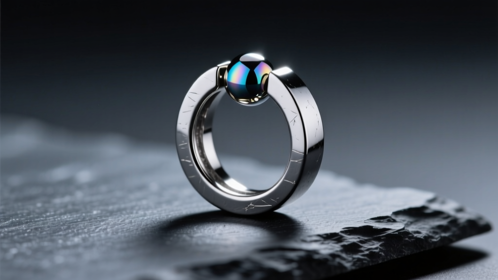 Macro shot of an ASTM F136 implant-grade titanium captive bead ring earring resting on dark slate with dramatic side lighting.